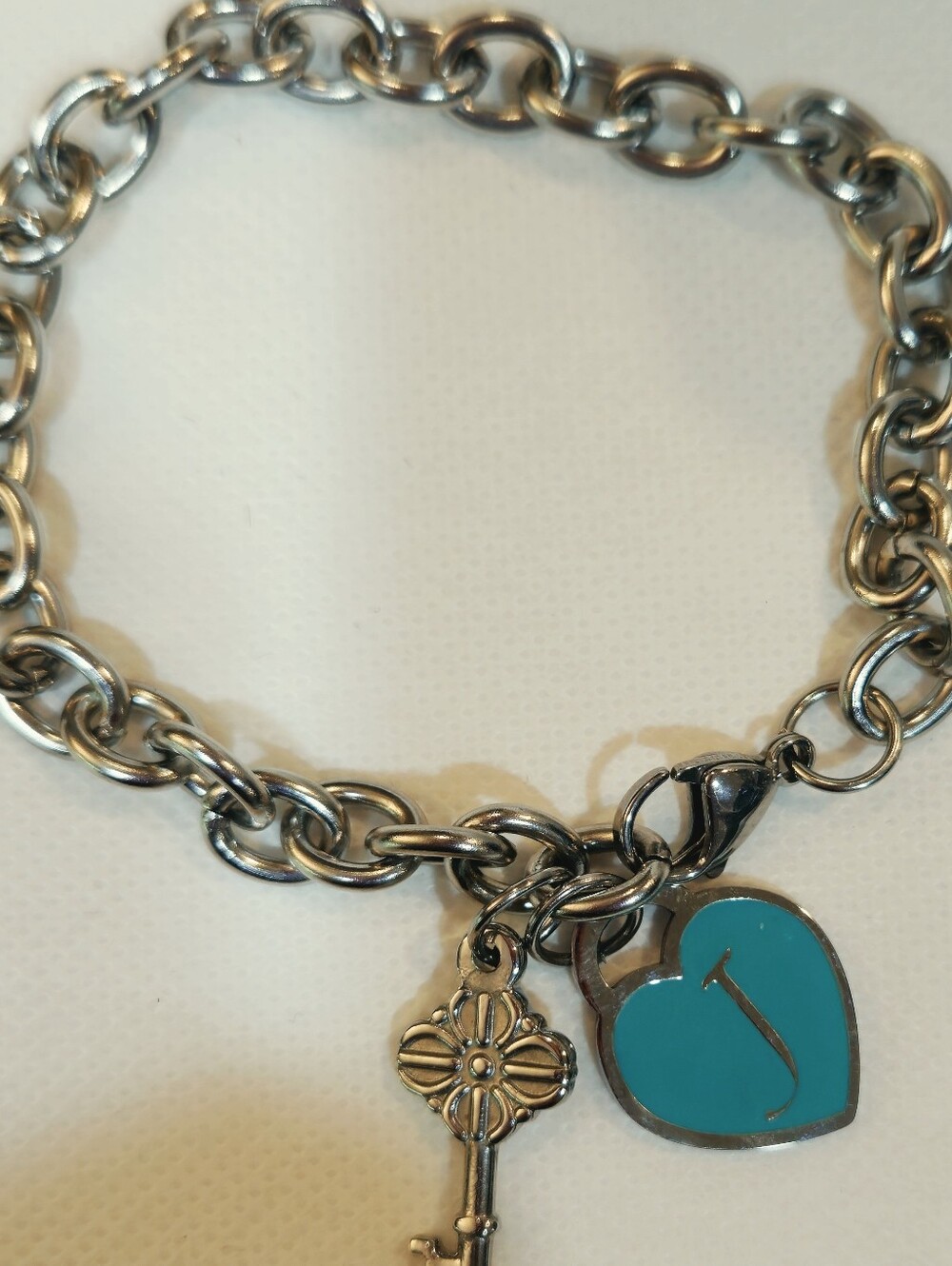 Silver Charm Bracelet with Turquoise Heart Initial J